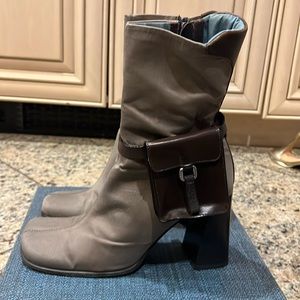 PRADA grey fabric and brown leather boots, leather accessory & motif on heel